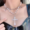 Gothic multilayer pearl necklace with silver cross pendant and star charms - Vintage Cross Multi-layer Artificial Pearl Necklace (X4172)