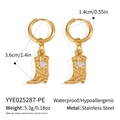 Macro view of gold stainless steel boot earrings with purple heart charms and size info - Purple Heart Style (YYE025287-PE)
