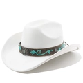 Détail d'un chapeau de cow-boy blanc avec bande en cuir brodée et boucle papillon métal - M (56-58cm) / Blanc pur