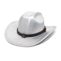 Dettaglio cappello da cowboy argento con fascia in pelle marrone e fibbia in metallo - M(56-58cm) / Argento