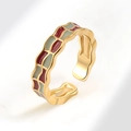 Morandi colors enamel open ring with gold plated wavy checkerboard pattern for women - Red and Green Checkerboard (AJ763)