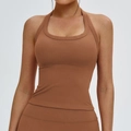 Halter neck sports vest in caramel brown featuring ribbed texture and tight fit design - S / Coffee