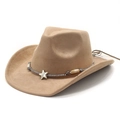 Detail of tan suede cowboy hat featuring star metal stud and ethnic beaded decorative band - M (56-58cm) / Camel (Suede)