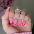 Short square press-on nails with neon pink French tips and golden line art design - Bz1525 Stendin Powder / Glue Type