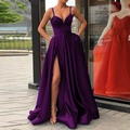 Elegant deep purple satin evening gown with spaghetti straps and high slit detail - US size 2 (S) / Purple
