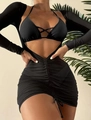 Three-piece black bikini set with long-sleeve shrug and adjustable drawstring skirt - S / Black