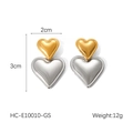 Detailed view of two-tone heart earrings in gold and silver finish with size markings - Double Heart Spliced Earrings (Gold Top Silver Bottom)(HC-E10010-GS)