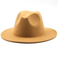 Detail view of khaki wool fedora hat featuring a classic brim and smooth felt texture - Camel