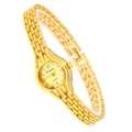 Detailed close-up of a gold metal link bracelet watch with a round quartz dial - All Gold