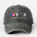 Front detail of washed grey denim baseball cap with Puerto Rico graphic print and embroidery - Black