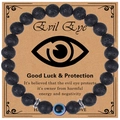 8mm black lava stone evil eye beaded bracelet on a brown kraft card display for good luck - Lava Stone - Evil Eye Bracelet