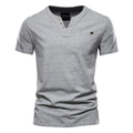 Slim fit men's grey cotton Henley T-shirt with short sleeves and single chest pocket - Gray