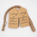 Detail of kraft paper gift tags with jute twine and decorative 'Key to Happiness' text - 13-Kraft Bottle Opener Text