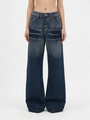 Damen Vintage Dunkelblaue Waschung Wide-Leg Denim Jeans mit Retro-Cat-Whisker-Textur - S / Vintage-Blau
