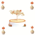Gouden glitter Happy Thanksgiving taarttoppers met esdoornblad en pompoen decoraties - Gouden Cake Topper Set