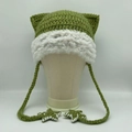 Handmade crochet cat ear beanie in green with white faux fur trim and star accents - Green