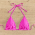 Hot pink halter bikini top with ruched triangles and adjustable neck and back ties - Rose Red