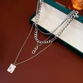 Three-layer silver metal necklace set with cuban links and textured rectangular pendant - 6# Necklace-Silver (4-Piece Set)