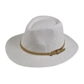 Close-up of woven panama hat with brown leather band and gold buckle detail - 58cm One Size / Light Gray