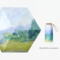 Mini ombrello pieghevole con stampa Van Gogh Campo di grano e manico color oro - 6 Ante Campi Di Grano - Protezione UV Colla Nera