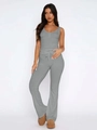 Women's grey ribbed knit two-piece set with sleeveless top and drawstring flare pants - Heather Grey