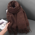 Brown cashmere blend scarf with colorful polka dots and fringe, shown on a model - 68-180CM / Coffee