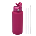 Rose red insulated stainless steel sports bottle with straw, handle and cleaning brush - 1L / Fuschia