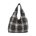 Grand sac cabas à carreaux à la mode avec texture à franges et motif noir et blanc - Grille Noire