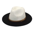 Detailed close-up of a two-tone straw fedora with a stylish brown leather buckle band - M (56-58cm) / Black + Pure White