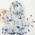 Boho voile scarf with blue flamingo print and navy tassels for sun protection shawl - White Blue Flamingo Style (XS019-01)
