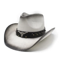 Classic wide-brimmed cowboy hat in white gradient straw with bull head leather band - Black and White Gradient