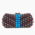 Detailed front view of hollow evening clutch bag with colorful rhinestones and metal pattern - Iridescent Black