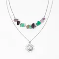 Collier double rang avec pierres naturelles colorées et pendentif visage de soleil argenté - Collier Argenté (D1410)