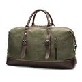 Army green canvas travel bag with brown leather handles and adjustable shoulder strap - Army Green