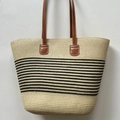 Beige woven straw tote bag with black horizontal stripes and brown leather straps - Beige Black Stripe