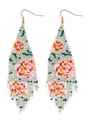Handmade woven seed bead tassel earrings with colorful floral pattern and golden hooks - Sage Green Pink Floral (MG-E220039A)