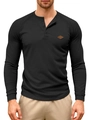 Schwarzes Herren Langarm-Henley-Shirt mit Waffelstruktur, Knöpfen und Leder-Patch - S / Schwarz