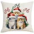 Christmas kitten pillow case with watercolor cats and Ho Ho Ho text on linen fabric - Three Kittens-Ho Ho Ho