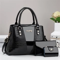 Three-piece black crocodile pattern handbag set including tote bag, wallet and card holder - Three-Piece Set / Black
