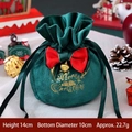 Green velvet Christmas drawstring gift bag with gold antlers and red bow detail - Green Antler With Bow