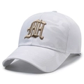 White camouflage mesh baseball cap with gold embroidered letter M and breathable side panels - White with Gold Embroidery / White