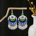 Vintage silver-tone ethnic drop earrings with colorful enamel and tassel details - Silver Blue Green Red Enamel Tassel(E2846-1)