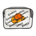Clear PVC makeup bag featuring orange cowboy hat prints and black zipper trim - 021-Orange Cowboy Hat Print