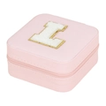 Pink travel jewelry box with zipper and white chenille letter I embroidery - Letter L (No Mirror) (FS61) / 10x10x5cm
