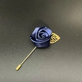 Navy blue satin rose lapel pin with golden metal leaf for men suit and wedding - Navy Blue