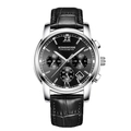 Men's silver steel watch with black sunray dial and crocodile pattern leather strap - Black Leather Strap Silver Case Black Dial