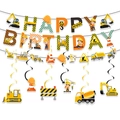 Construction party kit with Happy Birthday banner and excavator hanging swirls set - Striped Construction Banner Garland and Swirls Set