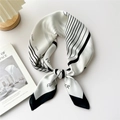 Elegant white square silk scarf with black stripes and FLOWER print for women - Black FLOWER Pattern