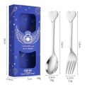 Polished silver heart-shaped stainless steel spoon and fork set in blue gift box - Spoon Fork Set - Blue Box / Silver