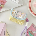 Detail of yellow quilted CCD camera bag with cute puppy flap and stylish lace trim - Latte Blue Dog